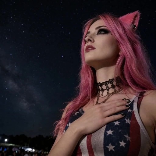 A woman with long pink hair and cat ears wearing an American flag top sings the national anthem with her hand on her chest as red and blue fireworks explode in the background.