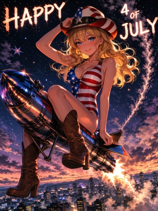 An anime-style woman with long blonde hair and blue eyes sits on a silver rocket, wearing a stars-and-stripes swimsuit and cowboy hat while tipping her brim against a backdrop of fireworks and a city skyline.