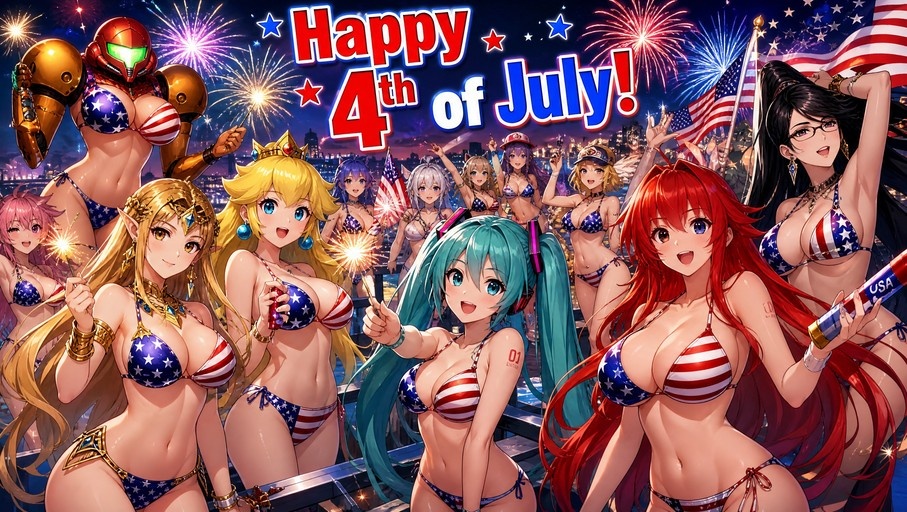 Samus Aran, Hatsune Miku, and Lucina in American flag bikinis holding sparklers during a 4th of July fireworks display.
