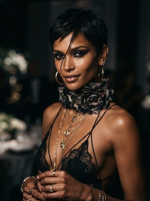 A realistic portrait of a dark-skinned woman with short black hair wearing a large floral neck ruff, layered gold necklaces, and a black lace top.