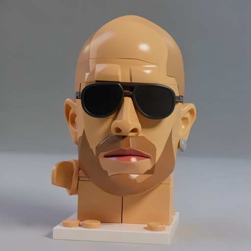 A close-up digital illustration of a Lego-style bust showing the head and shoulders of a bald man with a goatee, wearing dark sunglasses and an earring, positioned on a white base against a grey backdrop.