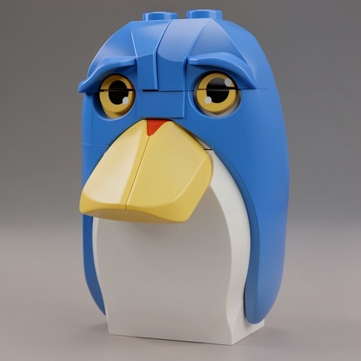 A blue Lego penguin figure with a yellow beak and angry expression standing on a grey background.