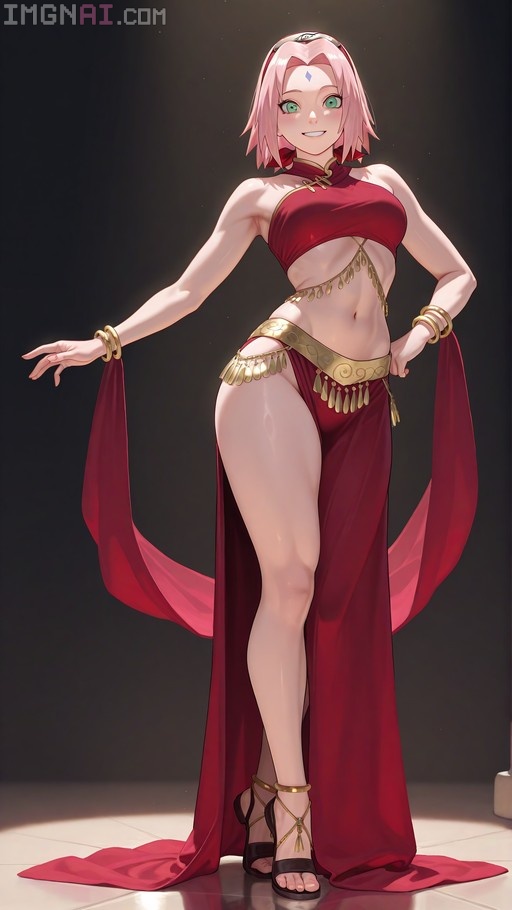 Haruno Sakura from Naruto wearing a red oriental dancer costume with gold accessories and smiling.