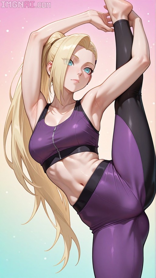 An anime-style illustration of Ino Yamanaka from Naruto performing a standing split stretch in purple athletic wear against a pink and blue gradient background.