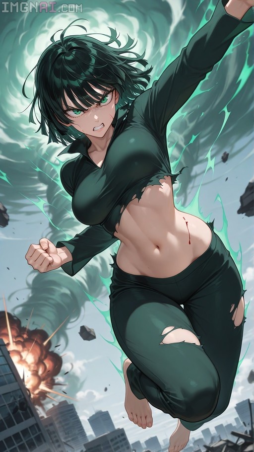 Fubuki from One Punch Man flying barefoot through a destroyed city with a green aura.