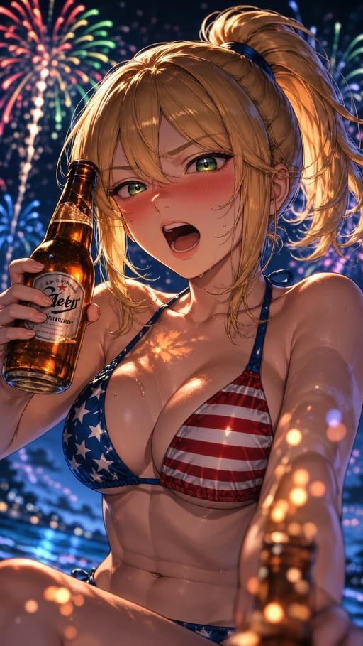 A blonde anime girl in an American flag bikini holds a beer bottle while blushing under colorful fireworks at night.