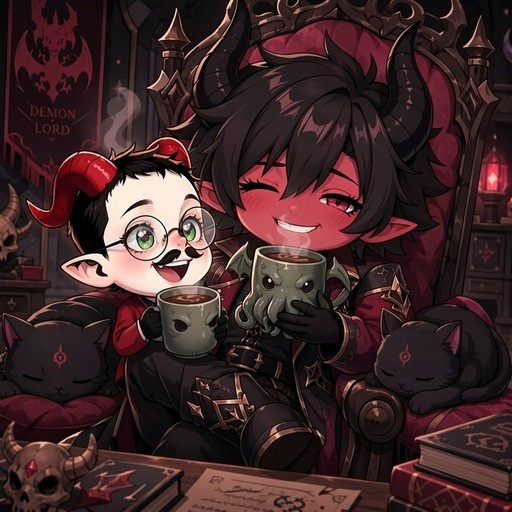 A chibi-style digital illustration of a red-skinned demon lord with large black horns and a smaller white-skinned demon child with red horns sitting together on a throne, both holding mugs while two black cats sleep beside them.