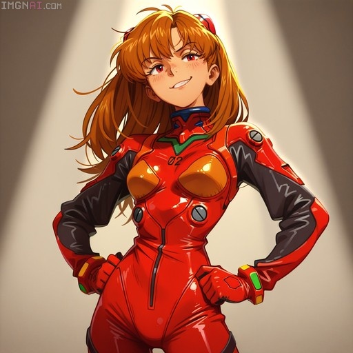 Asuka Langley Soryu from Neon Genesis Evangelion in a red plugsuit with hands on hips