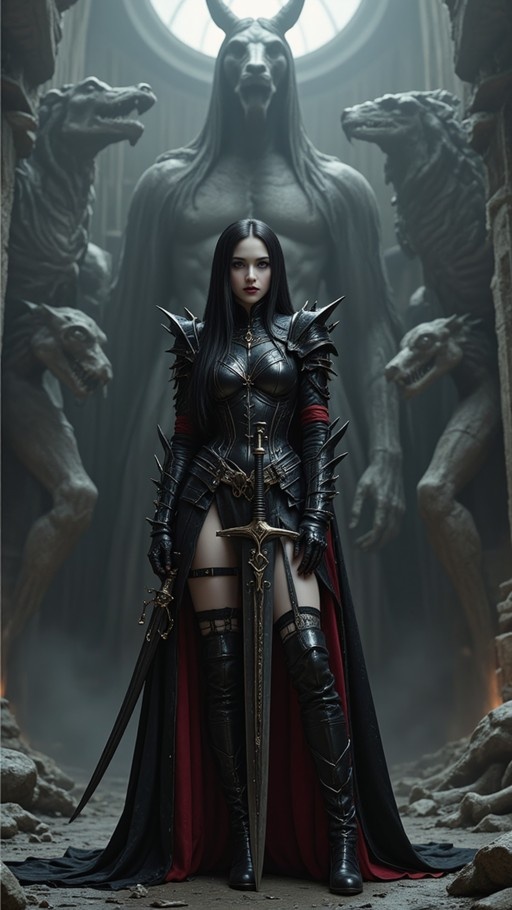 A female warrior with long black hair wearing spiked black armor and holding a large sword stands in front of a giant horned demon statue flanked by dragon statues.
