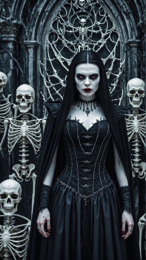 A pale woman with long black hair and glowing red eyes stands in a black corset dress and cape, surrounded by standing skeletons in a gothic crypt.
