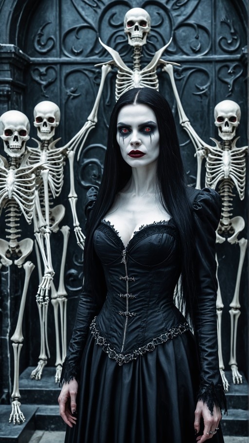 A pale gothic woman with long black hair and glowing red eyes wearing a black corset dress stands in front of several skeletons with matching red eyes against a dark background.