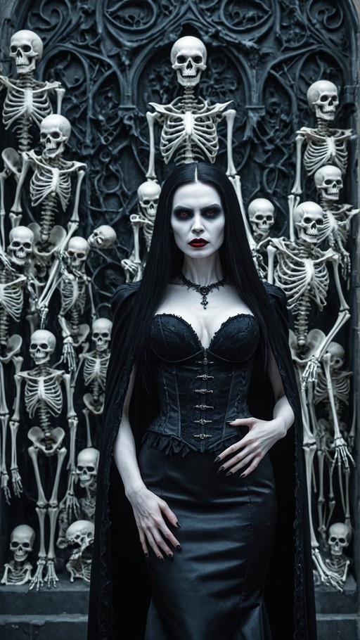 A pale woman with long black hair and red eyes wearing a black corset and cape stands in front of a wall covered in skeletons.