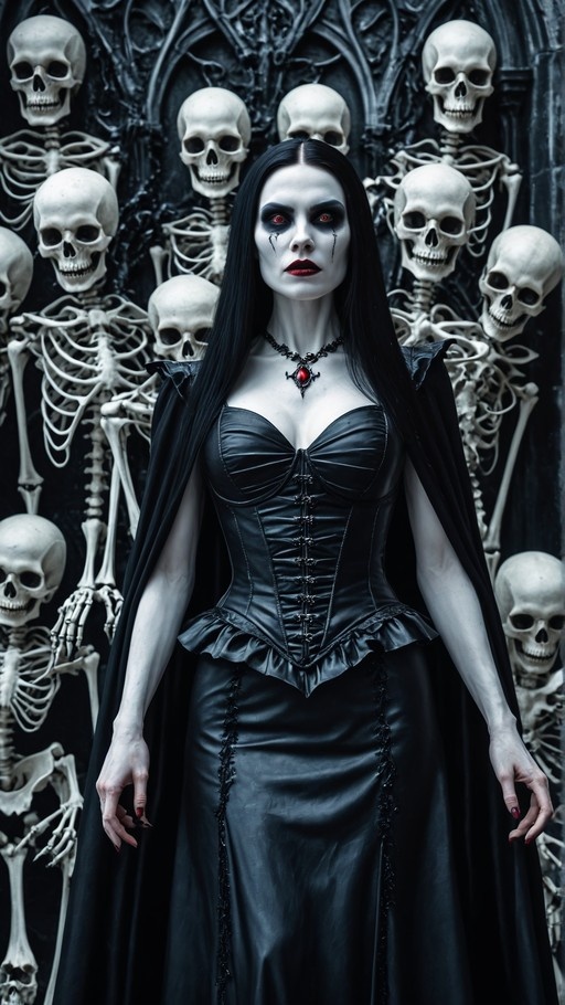 A pale-skinned woman with red eyes and long black hair stands in a black corset dress and cape, surrounded by skeletons.