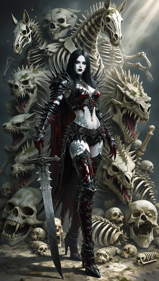 A pale-skinned female warrior with long black hair stands in front of a pile of skulls and skeletons, holding a large sword.