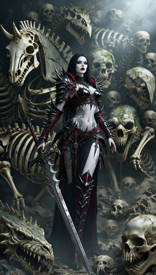 A pale-skinned gothic warrior woman with long black hair and red lips stands holding a large ornate sword, surrounded by numerous skulls and skeletal remains in a dark setting.