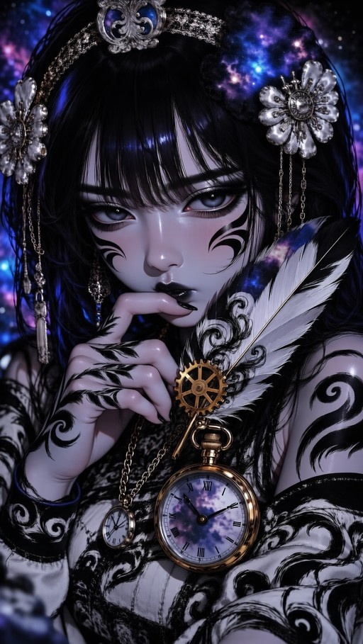 A digital illustration of a dark fantasy girl with face tattoos holding a white feather quill and a golden pocket watch showing a galaxy, set against a starry sky background.