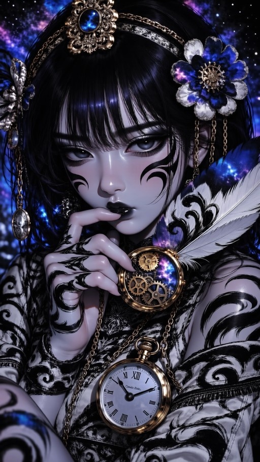 A pale-skinned anime-style woman with black hair, facial tattoos, and an ornate headpiece holds an open golden pocket watch revealing gears against a starry galaxy background.
