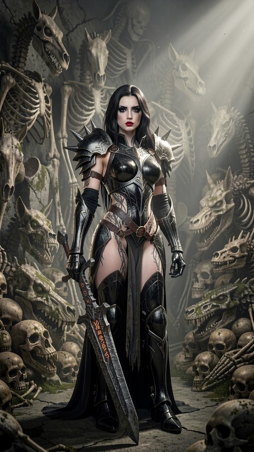 A female warrior in black spiked armor holding a large rune-inscribed sword stands in a crypt surrounded by horse and dragon skeletons.