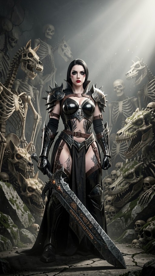 A dark fantasy warrior with black hair and red lips stands in spiked armor holding a large rune sword amidst a background of skeletons and skulls.