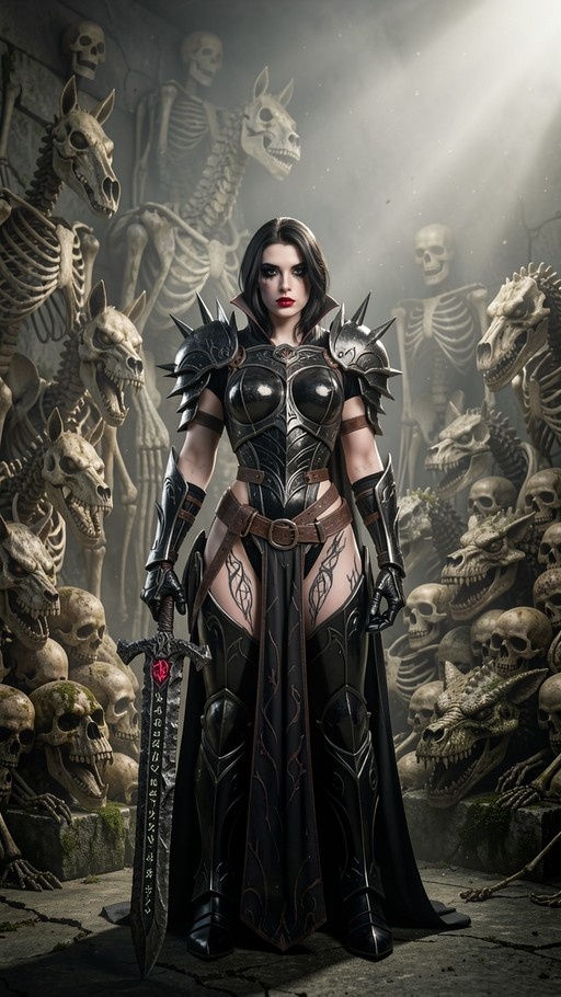 A full-body shot of a pale woman with dark hair and red lips wearing intricate black spiked armor and holding a large sword, standing amidst a pile of skeletons and skulls in a dimly lit crypt.