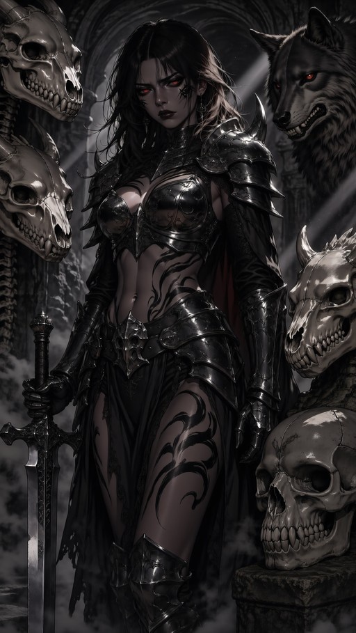 A female warrior with glowing red eyes and tribal tattoos stands in ornate black armor holding a large sword, surrounded by animal skulls and a wolf.