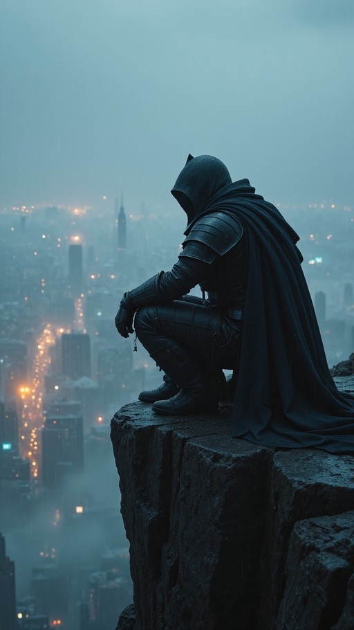 A hooded figure in black armor and a cape squats on a rocky ledge overlooking a foggy city at night.