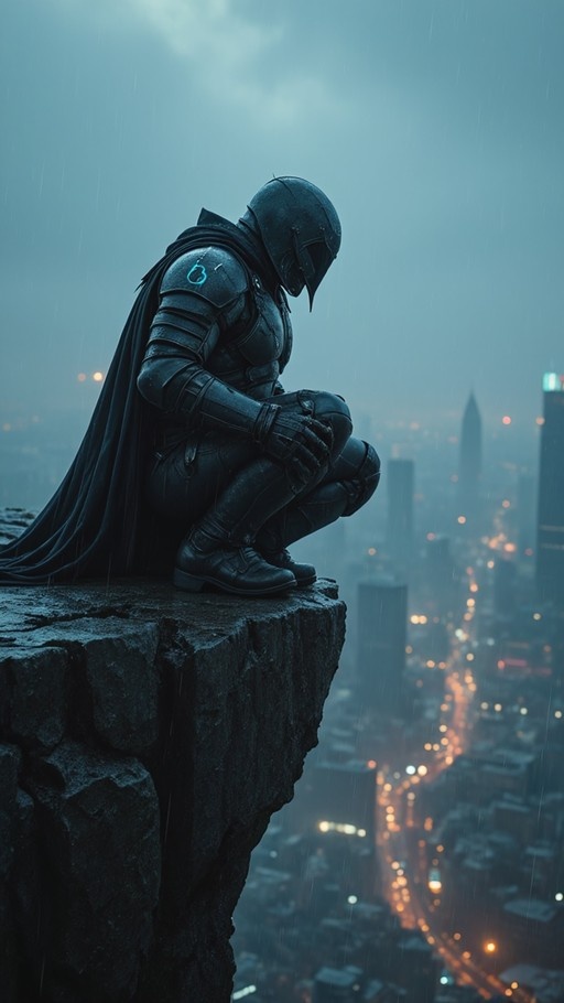 A solitary armored figure with a flowing black cape squats on the jagged edge of a cliff, looking out over a rainy city skyline at night with blurred lights below.
