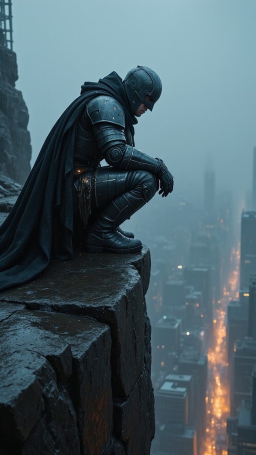 A knight in black armor and a cape crouches on a rocky ledge overlooking a foggy city at night.
