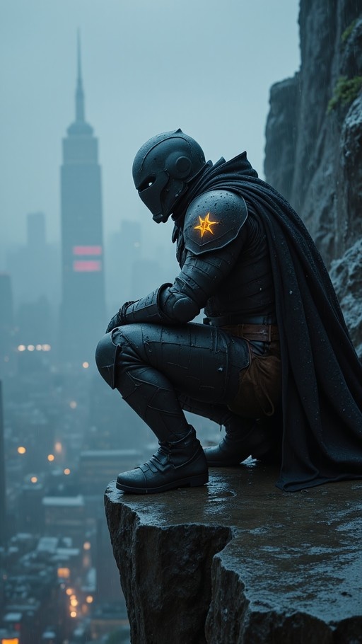 Armored figure in black cape crouching on rocky ledge overlooking foggy city skyline