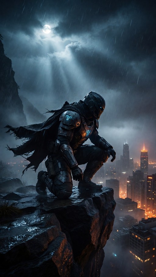 A digital illustration of a lone armored warrior kneeling on a wet rocky cliff edge at night. The figure wears dark futuristic armor with glowing blue accents and a tattered black cape. Rain falls heavily under a bright full moon breaking through clouds, overlooking a distant city skyline with Illum
