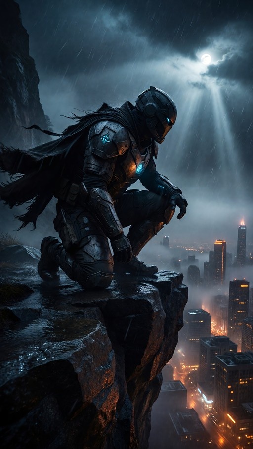 Armored figure kneeling on cliff overlooking city in rain under moonlight