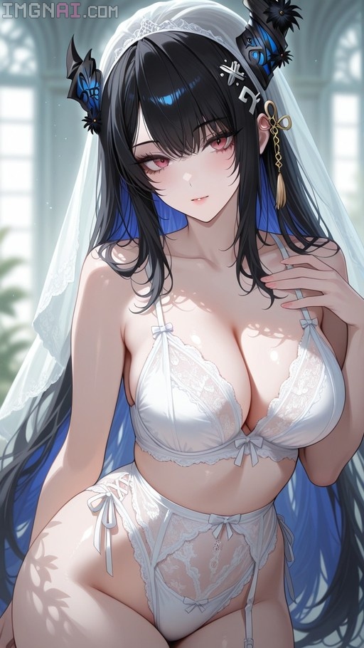 Nerissa Ravencroft wearing white bridal lingerie and a veil