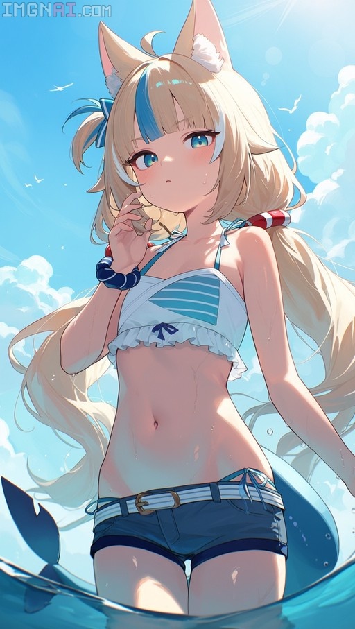 Anime illustration of Gawr Gura wading in water, wearing a striped bikini top and denim shorts, with animal ears and a shark tail visible.
