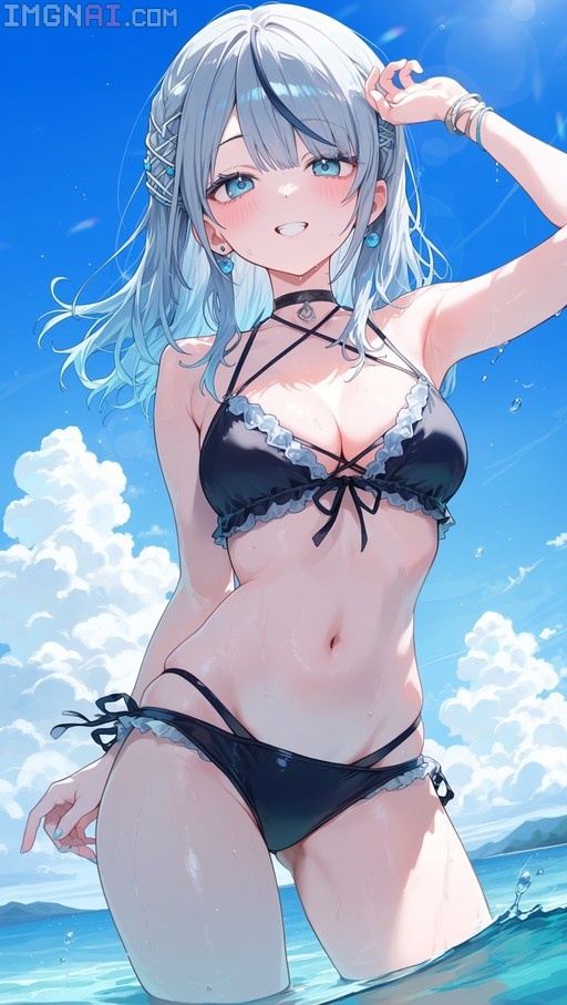 An anime girl with long silver-blue hair stands in ocean water wearing a black ruffled bikini and choker, smiling under a blue sky.