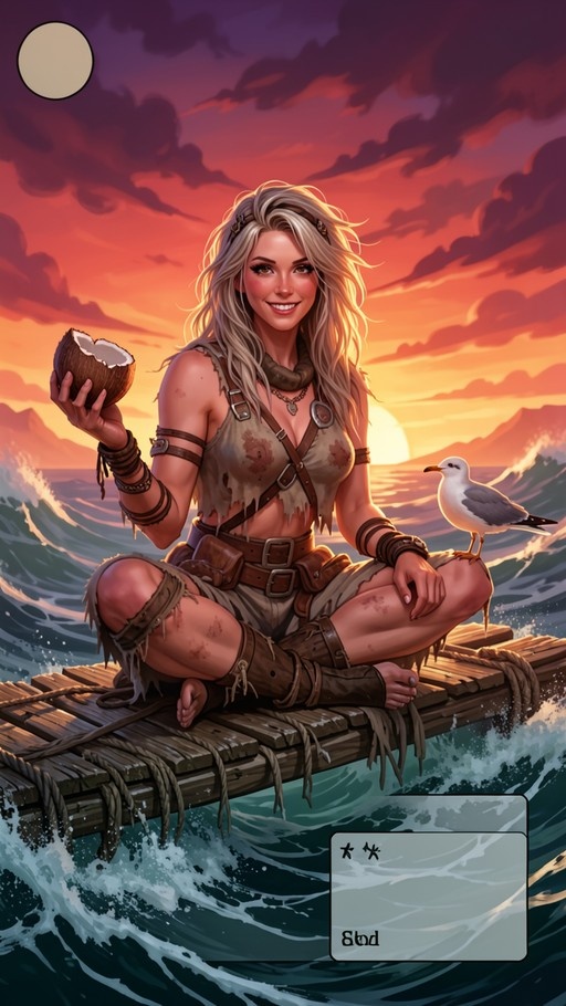A blonde woman in tattered clothes sits on a raft holding a coconut with a seagull on her knee against a sunset ocean backdrop.