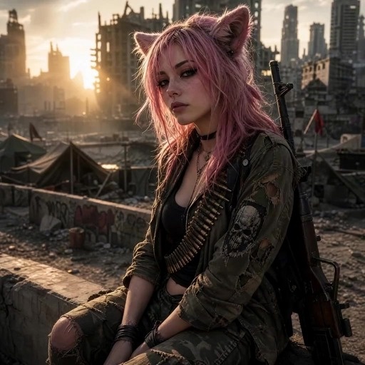 A pink-haired girl with cat ears sits in a ruined city wearing military gear and holding a rifle while looking at the camera.