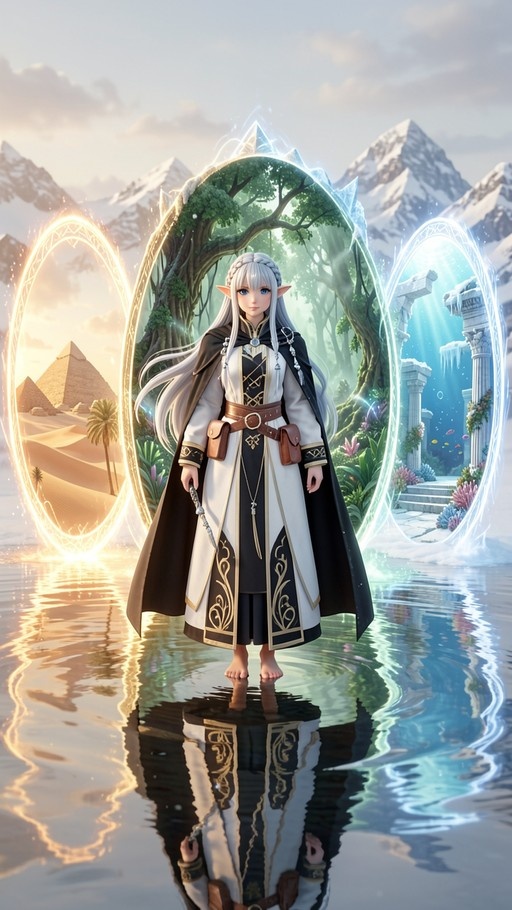 White-haired elf standing barefoot on reflective water before three magical portals displaying a desert pyramid scene, a lush forest, and underwater ruins against snowy mountains.