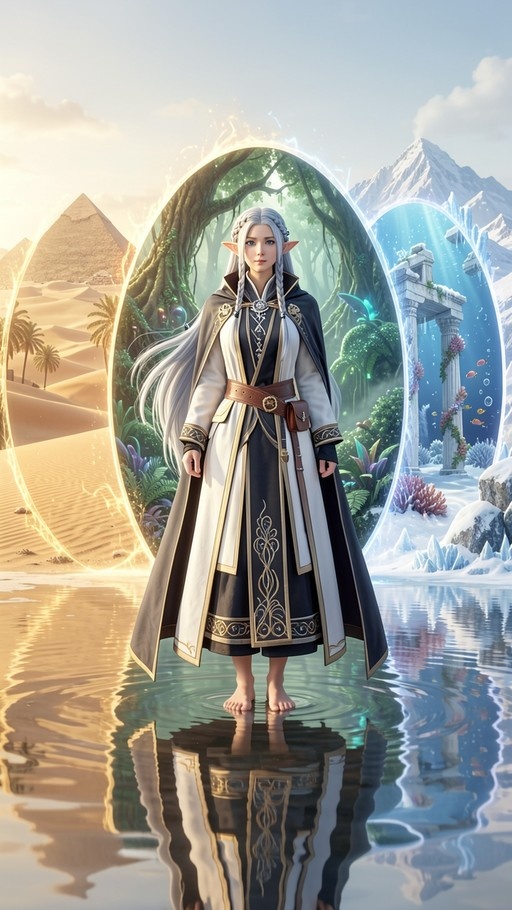 A barefoot white-haired elf in an ornate fantasy robe stands in shallow water reflecting her figure, framed by three glowing portals revealing a desert pyramid, a lush forest, and an underwater ruin scene.