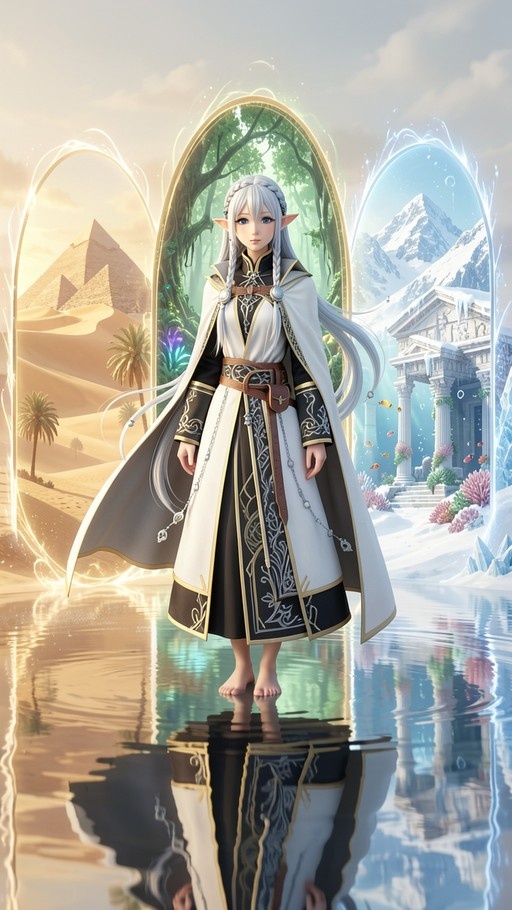 A silver-haired elf girl in an ornate white and black robe stands barefoot on water with her reflection visible. Behind her are three large glowing portals showing a desert pyramid, a lush forest, and a snowy mountain landscape.