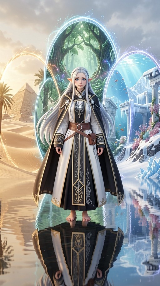 A white-haired elf with pointed ears stands barefoot in shallow water wearing a black and gold robe, with three glowing portals behind her showing a desert, forest, and underwater scene