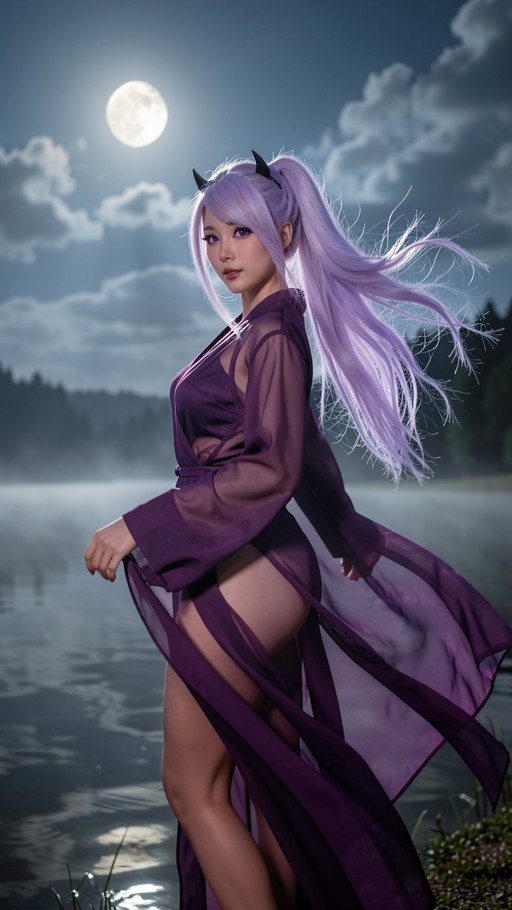 A woman with long lavender hair and small black horns stands by a misty lake under a full moon wearing a sheer purple robe.