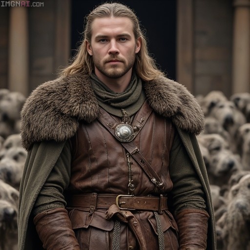 A realistic digital illustration of William, a blonde bearded man in medieval fur and leather attire, standing before a kennel full of Irish Wolfhounds.