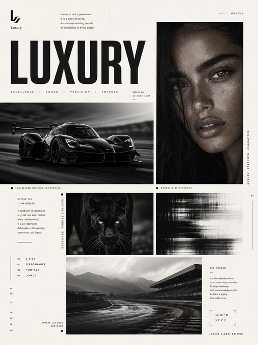 A monochromatic editorial layout titled 'LUXURY' featuring a high-speed race car, a close-up portrait of a woman with freckles, and a black panther amidst bold typography.