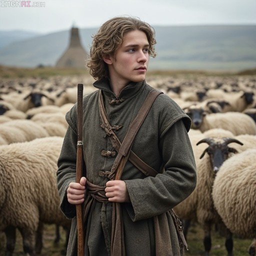 A young man with wavy hair wearing a green tunic holds a wooden staff while standing in a field surrounded by a large flock of horned sheep.