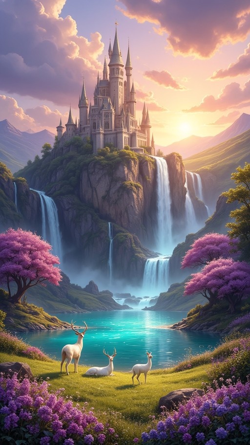 Fantasy castle on a cliff with waterfalls and three white deer near a turquoise lake.