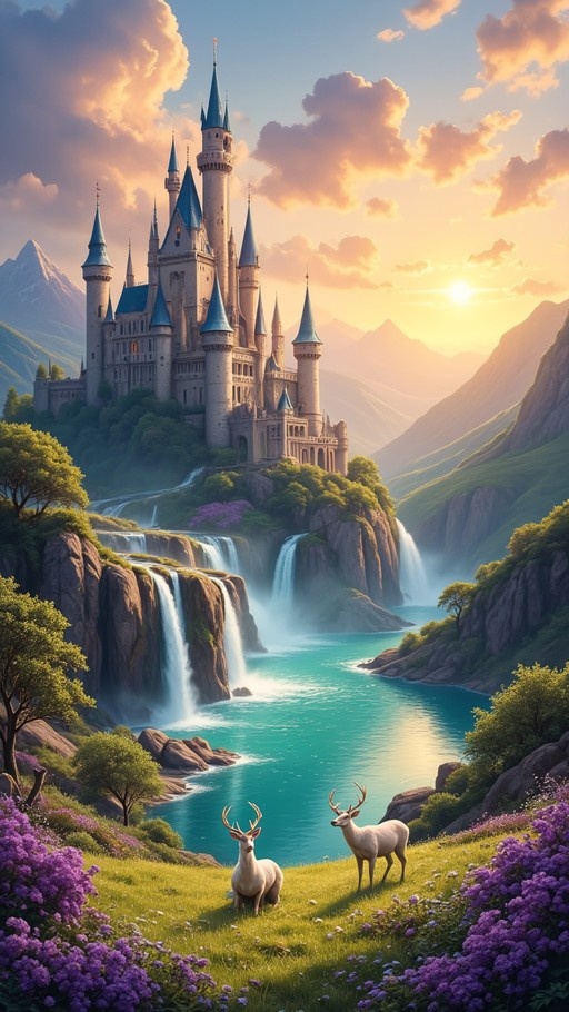 A fantasy castle with blue spires sits on a cliff above waterfalls and a turquoise river, while two white deer stand in a field of purple flowers at sunset.