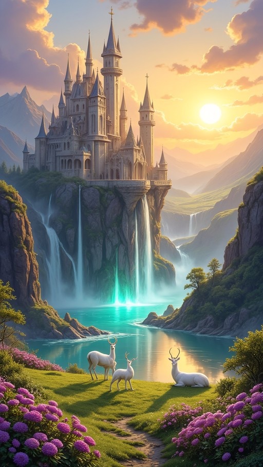 A digital painting of a grand castle on a cliff with waterfalls and three white deer standing near purple flowers at sunset.