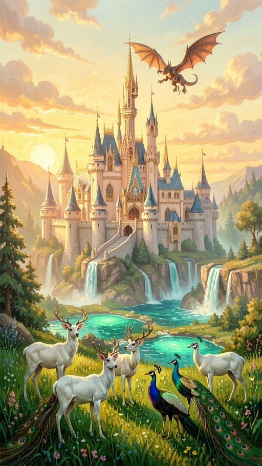 A digital illustration of a majestic blue-spired castle on a cliff with waterfalls, featuring white deer and peacocks in the foreground and a dragon flying near the spires against a golden sky.