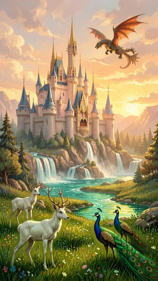 A vibrant digital painting of a fairytale castle with blue roofs and golden spires perched on a cliff above waterfalls. In the foreground, two white deer and two peacocks stand in a grassy meadow filled with wildflowers. A dragon flies through the orange sunset sky.