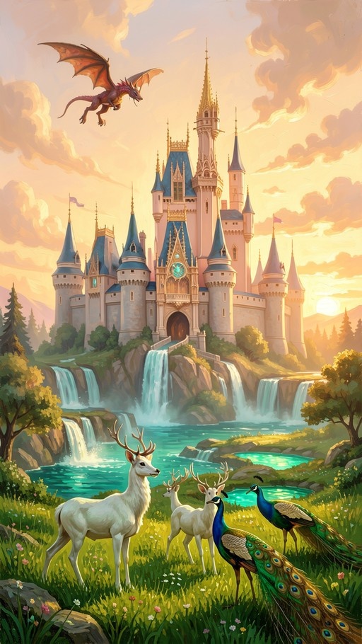 A vibrant digital illustration showing a majestic pink and blue castle above cascading waterfalls, with white deer and peacocks in the foreground and a red dragon flying against a golden sunset.